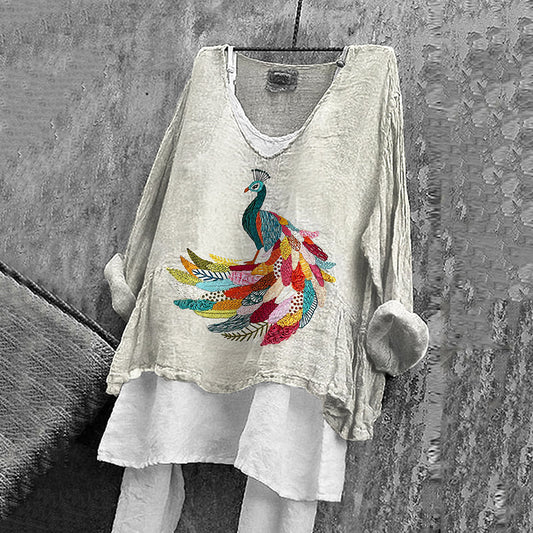 Comstylish Women's Vintage Peacock Pattern Casual Shirt