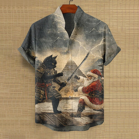 Men's Japanese Warrior Black Cat And Santa Print Shirt elevenforest