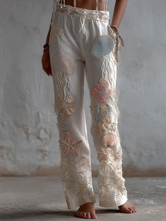 Women's Ocean Jellyfish Starfish Seashell Fabric Dreamy Casual Pants elevenforest