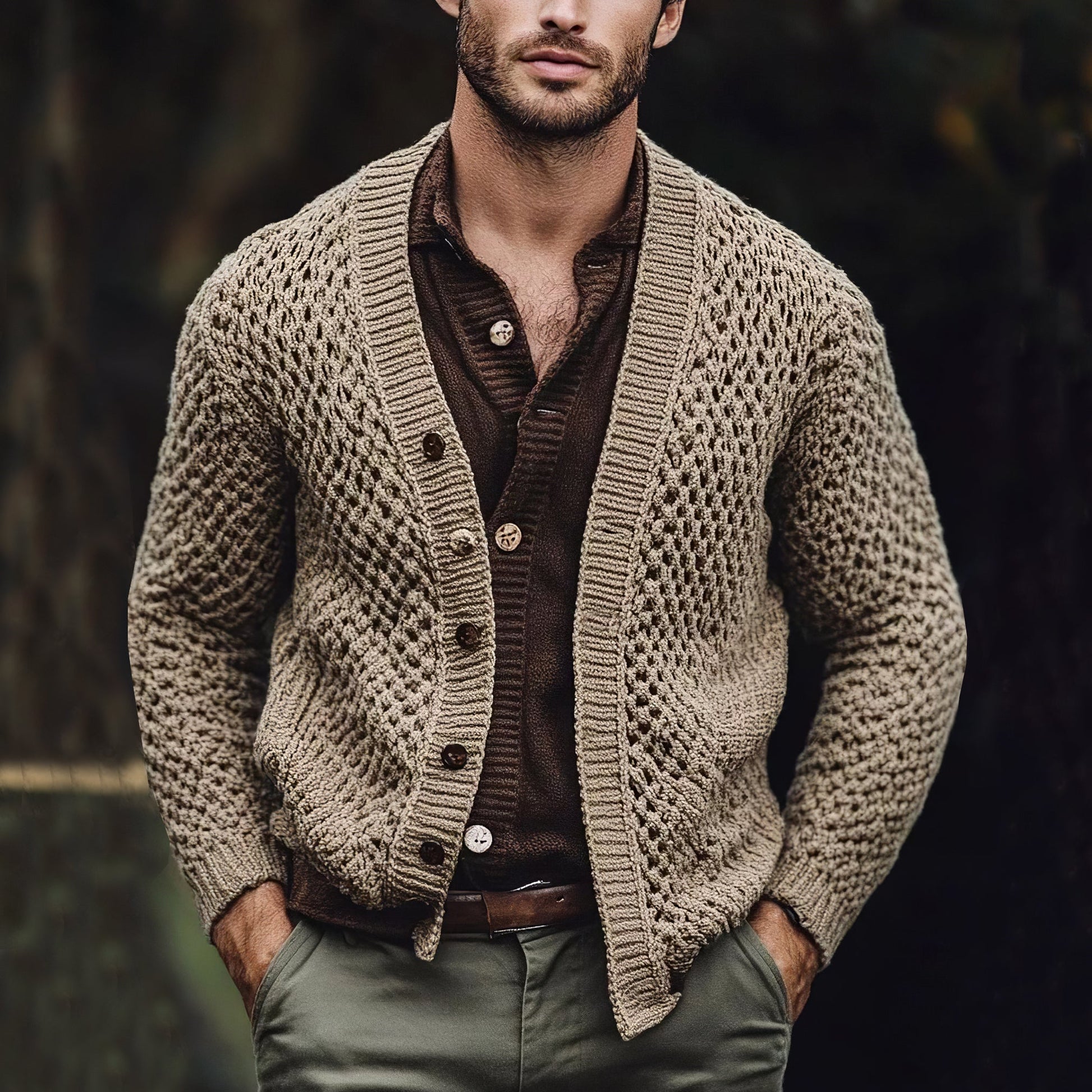 Men's Vintage Chunky Knit Jacquard V-neck Cardigan Sweater elevenforest