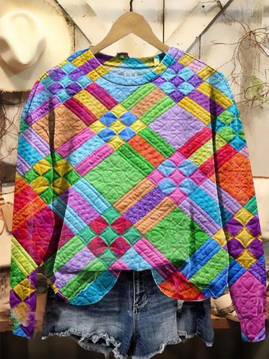 Comstylish Colorful Checkered Print Casual Sweatshirt