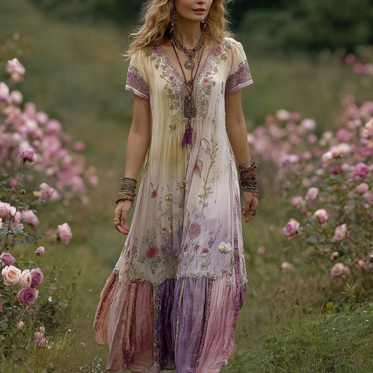 Classy Gradient Purple Lavender And Floral Printed Short Sleeve Maxi Dress artswardrobe