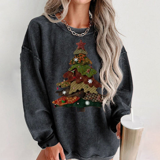 Comstylish Christmas Tree Print Crew Neck Sweatshirt
