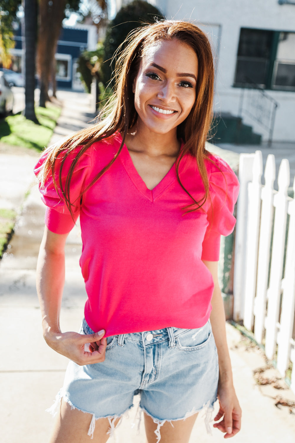 Lily® | Solid fuchsia ruched sweater top with puff sleeves