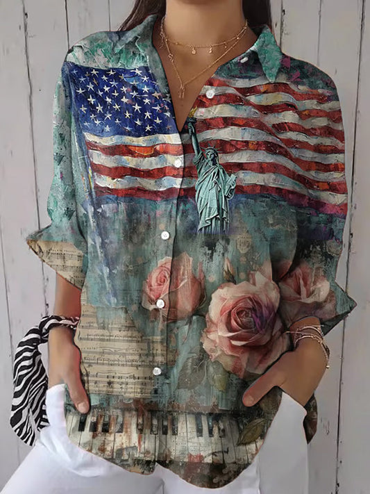 Comstylish Women's Casual Retro Independence Day Print Shirt