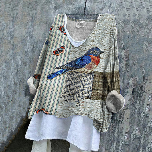 Women's Vintage Striped Butterfly And Bird Art Embroidery Cotton And Linen Shirt artswardrobe