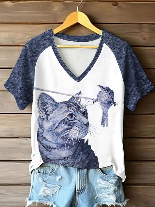 Women's Retro Animal Cat Print Short Sleeve T-shirt artswardrobe