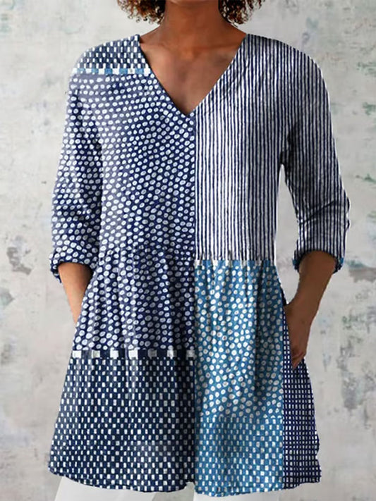 Comstylish Women's Abstract Geometric Line Art Print V-neck Shirt