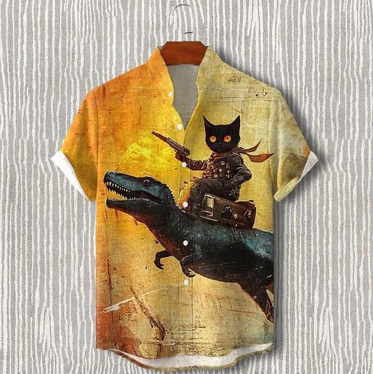 Men's Cat Dinosaur Pattern Vacation Shirt elevenforest