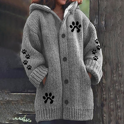 Cute Paw Print Long Sleeved Knitted Hooded Cardigan elevenforest