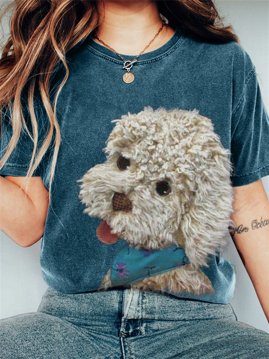 Comstylish Fuzzy Dog Plush Patchwork Vintage T Shirt