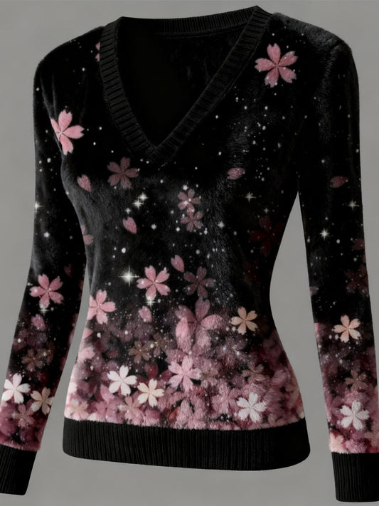 Comstylish Classy Japanese Sakura Art V Neck Plush Sweatshirt