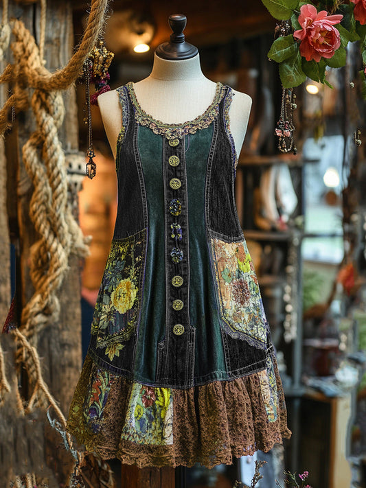 Vintage Denim Patchwork Lace Art Sleeveless Dress artswardrobe