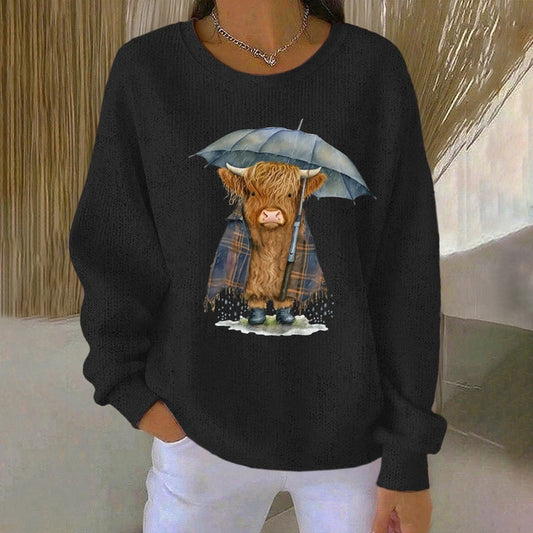Women's Vintage Highland Cow Print Casual Crew Neck Sweatshirt artswardrobe