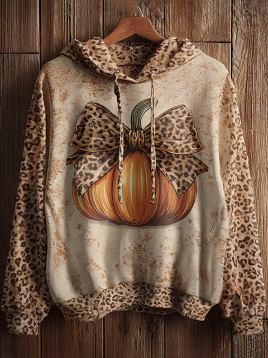 Women's Halloween Leopard Print Pumpkin Design Print Hat Sweatshirt artswardrobe