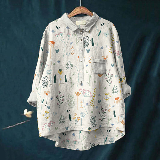Comstylish Vintage Floral Art Casual Cotton Linen Shirt