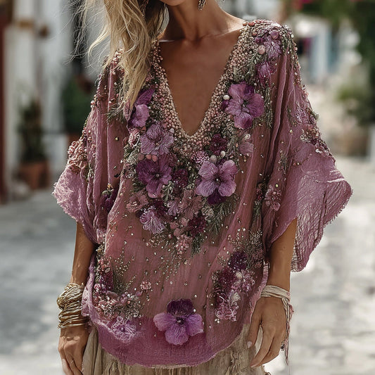 Women's Pansy Embroidered Sequined Short Sleeve T-shirt artswardrobe