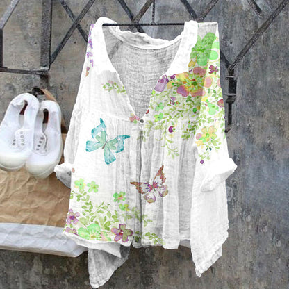 Comstylish Butterfly Retro Cotton Linen Casual Floral Print Cotton Linen  Shirt