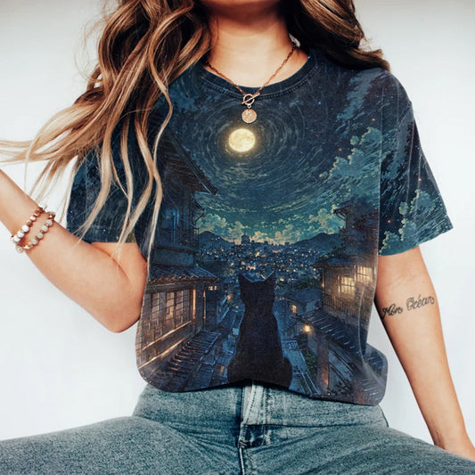 Abstract Creative Van Gogh City Black Cat Art Print  T-shirt elevenforest