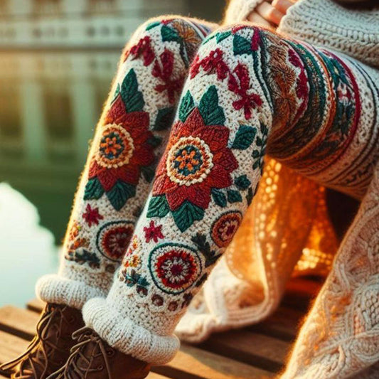 Vintage Colorblock Crochet Patchwork Floral And Leaf Cozy Knit Leggings artswardrobe