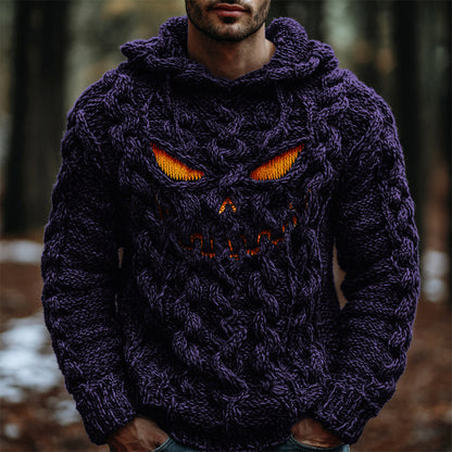 Halloween Evil Pumpkin Emoji Men's Chunky Knit Hooded Sweater elevenforest