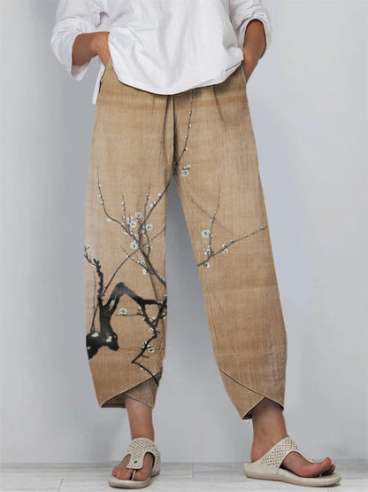 Comstylish Simple Plum Blossom Japanese Art Linen Blend Cropped Pants