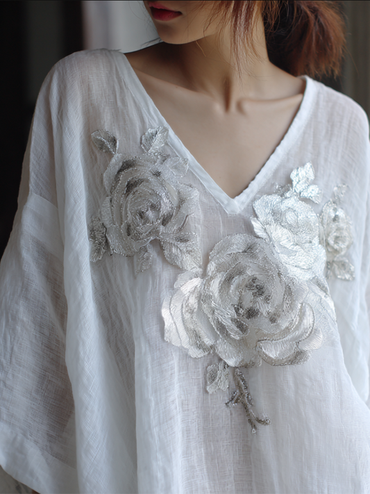 Bohemian Style Woman's V-neck White Rose Short-sleeved Shirt artswardrobe