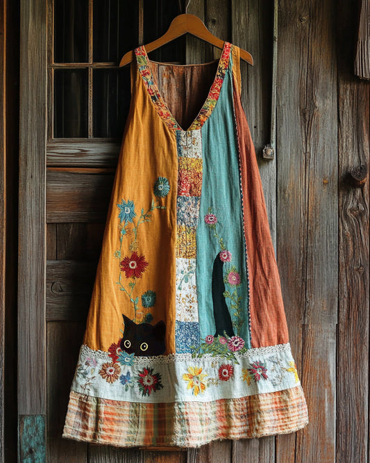 Vintage Black Cat And Patchwork Linen Tank Dress artswardrobe