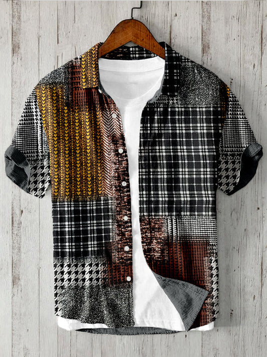 Vintage Checkered Patchwork Contrast Color Linen Shirt artswardrobe