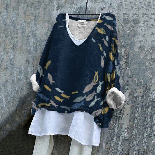 Comstylish Vintage School Fish Printed Linen Blend Casual Shirt
