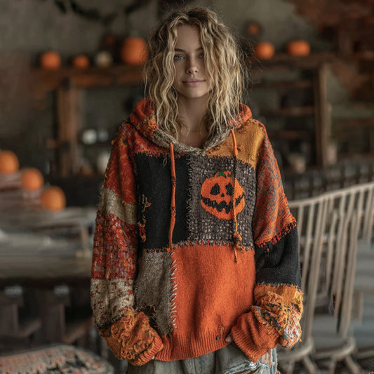 Halloween Pumpkin Patchwork Stitched Cozy Knit Hooded elevenforest