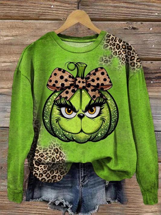 Comstylish Women's Leopard Pumpkin Print Round Neck Sweatshirt