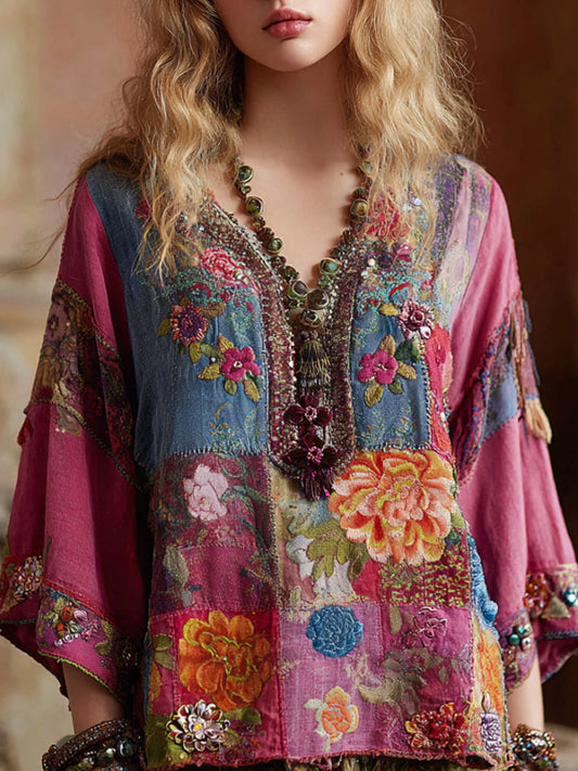 Bohemian Patchwork Multi-colored Floral Embroidery Pink V-neck Short-sleeved Shirt artswardrobe