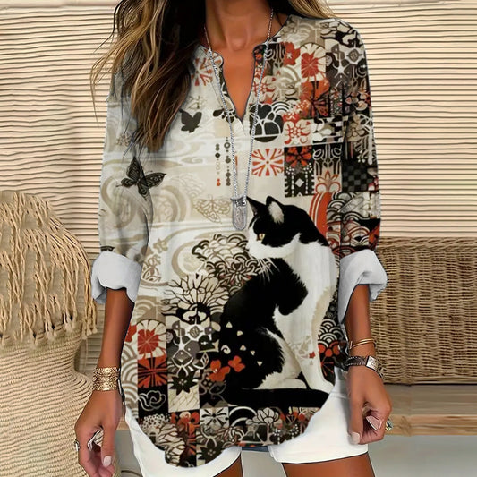 Japanese Cat Vintage Floral Art Women's Linen Long Sleeve Shirt elevenforest