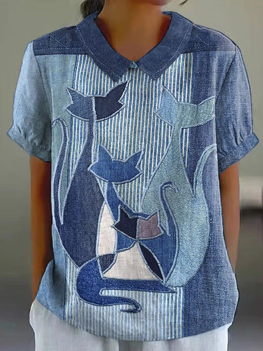 Comstylish Women's Animal Cute Cat Print Casual Shirt