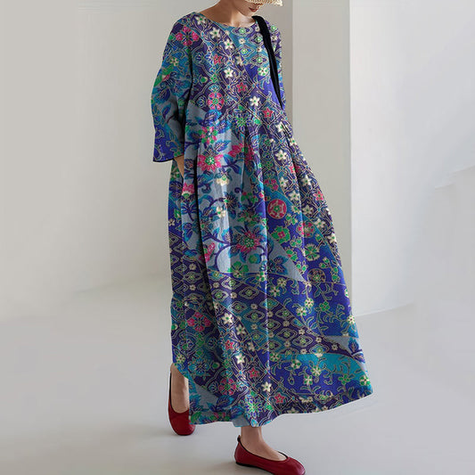 Comstylish Vintage Japanese Art Flower Print Loose Midi Dress