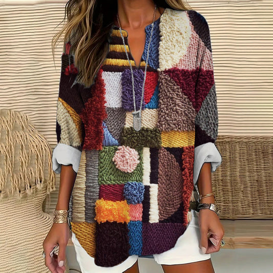 Comstylish Plush Geometric Abstract Art Women's Linen V-neck Long Sleeve Shirt
