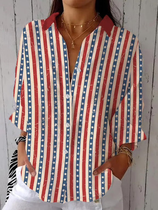 Comstylish Women's Independence Day Vintage Patriotic Stars And Stripes Print Casual Shirt