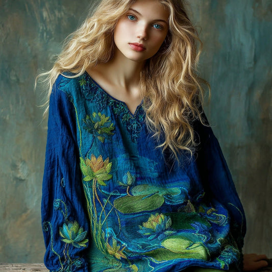 Women's Vintage Lotus Floral Landscape Art Embroidery V-neck T-shirt artswardrobe