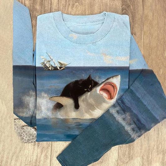 Women's Funny Black Cat Print Casual Long Sleeve T-Shirt elevenforest