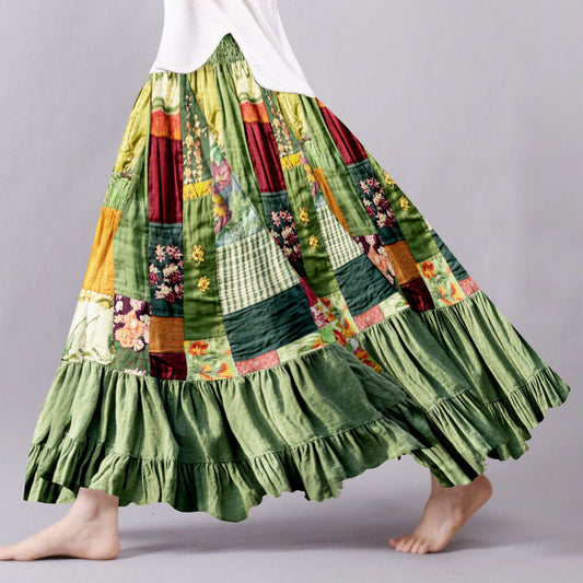 Women's Boho Flowers Patchwork Art Linen Blend Skirt artswardrobe