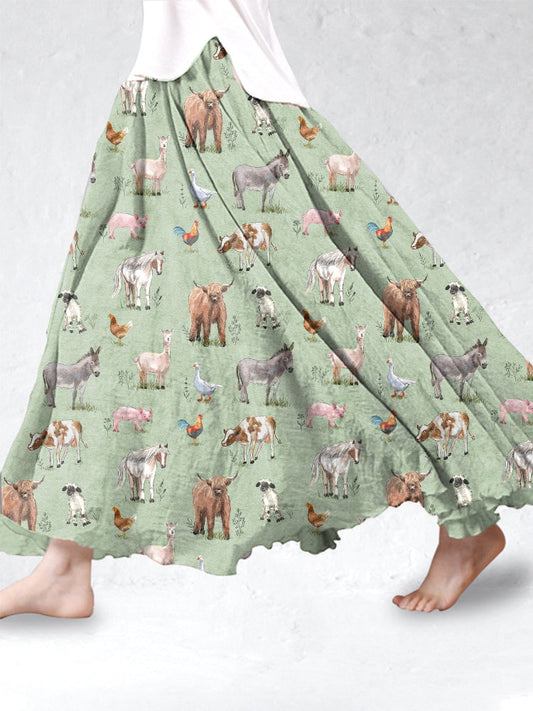 Farm Animals Print Cotton Linen Flowy Skirt artswardrobe
