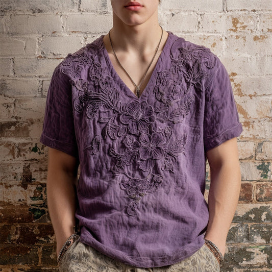 Men's Lace Floral Embroidered V Neck Linen Shirt artswardrobe