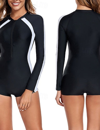 Rash Guard One Piece Swimsuit Patchwork Colored Front Zip Uv Sun Protection Quick Dry Lightweight Long Sleeve Bodysuit Bathing Suit Surfing Beach Water Sports Summer