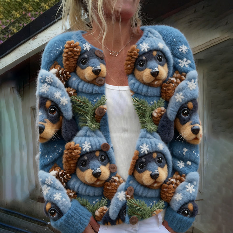 Comstylish Christmas Hat Dog Art Warm Button Cardigan