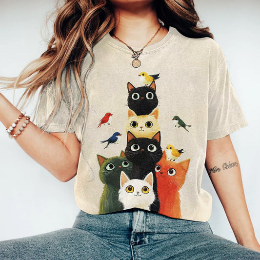 Abstract Creative Cat And Birds Fantasy Art  Print Cotton Graphic T-shirt elevenforest