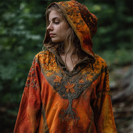 Vintage Fall Leaves Tree Of Life Embroidered Dyed Hoodie artswardrobe