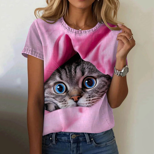 Abstract Cute Cat Hiding In Pink Art Print  T-shirt elevenforest