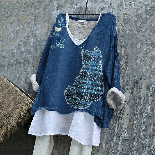 Women's Flower And Cat Embroidery Art Linen V-neck Shirt elevenforest