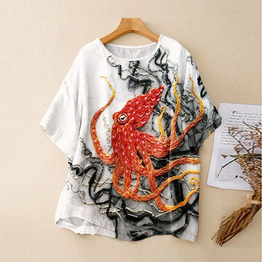 Vintage Bohemian Abstract Fish Octopus Ink Linen Art Print Short Sleeve Round Neck Shirt artswardrobe